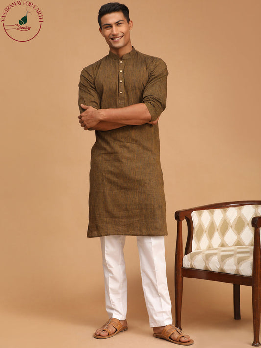 shvaas by Vastramay mens coffee color cotton handloom kurta with white pant set