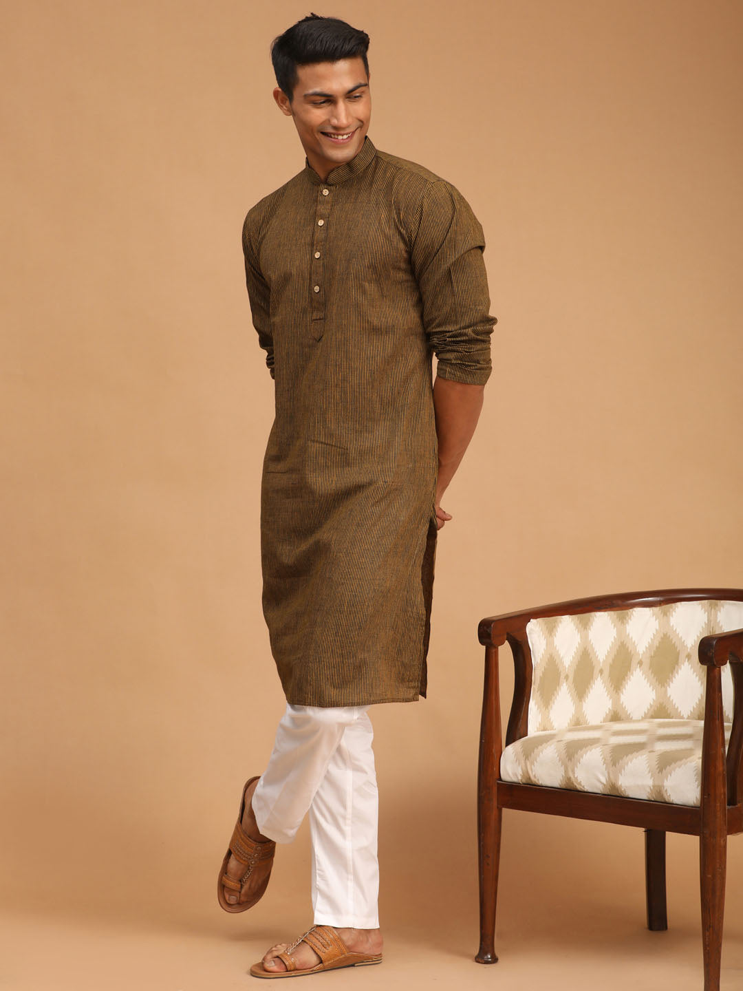 shvaas by Vastramay mens coffee color cotton handloom kurta with white cotton pant set