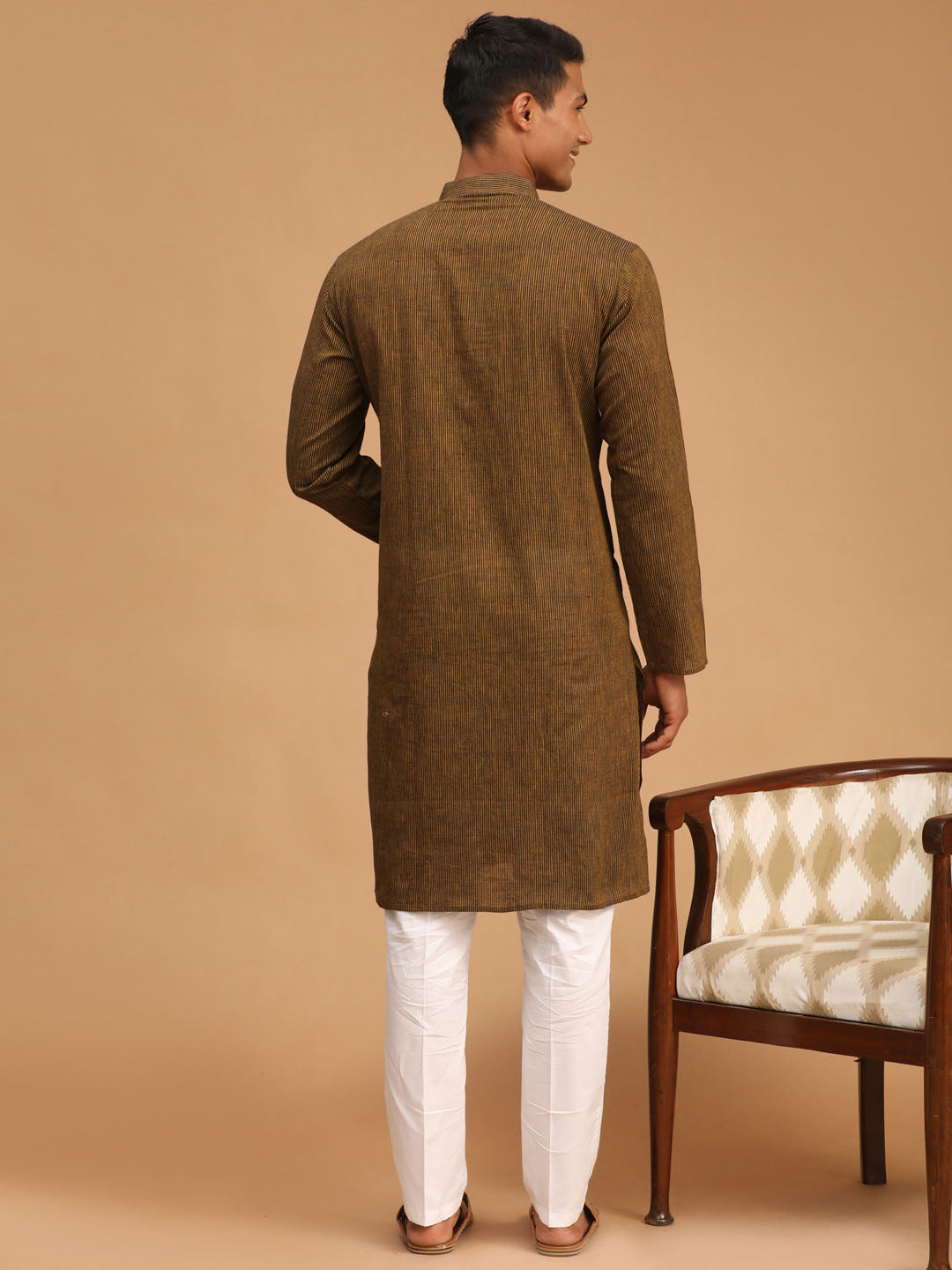 shvaas by Vastramay mens coffee color cotton handloom kurta with white cotton pant set