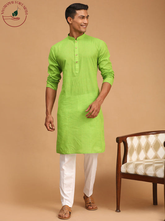 shvaas by Vastramay mens green cotton handloom kurta with white pant set