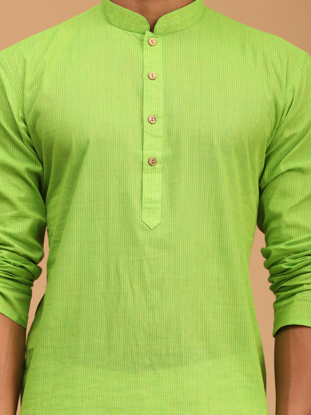 shvaas by Vastramay mens green color cotton handloom kurta with white cotton pant set