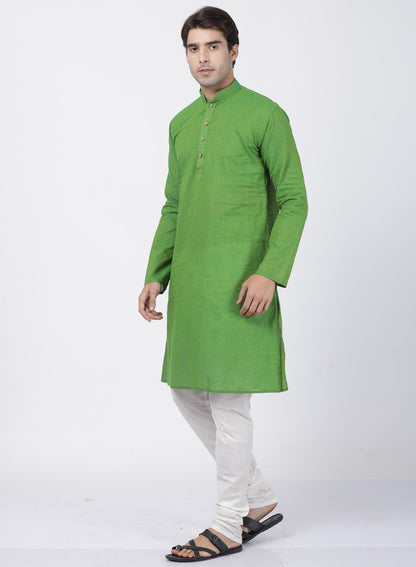 Vastramay Men's Green Cotton Handloom Kurta With Pyjama Set