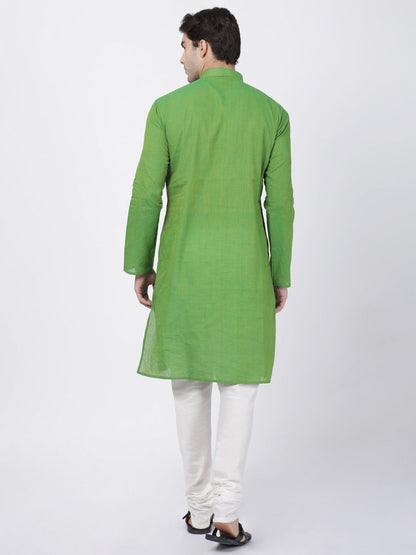 Vastramay Men's Green Cotton Handloom Kurta With Pyjama Set