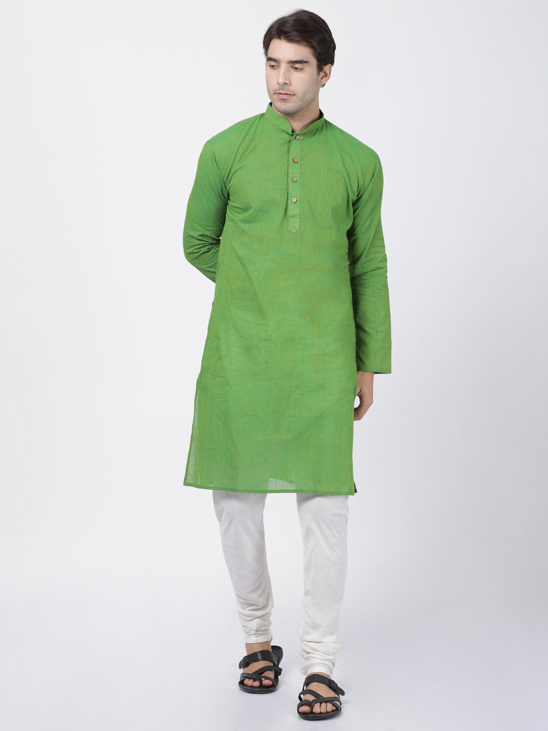 Vastramay Men's Green Cotton Handloom Kurta With Pyjama Set