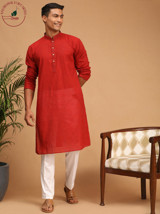 shvaas by Vastramay mens maroon color cotton handloom kurta with white pant set