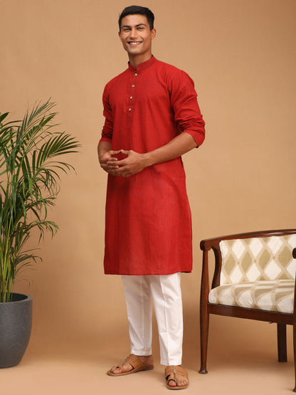 shvaas by Vastramay mens maroon color cotton handloom kurta with white pant set