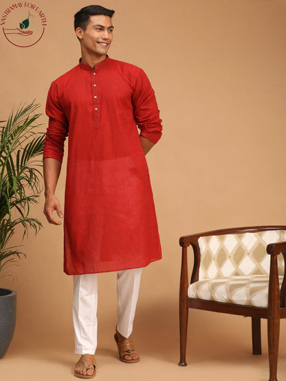 shvaas by Vastramay mens maroon color cotton handloom kurta with white cotton pant set 1