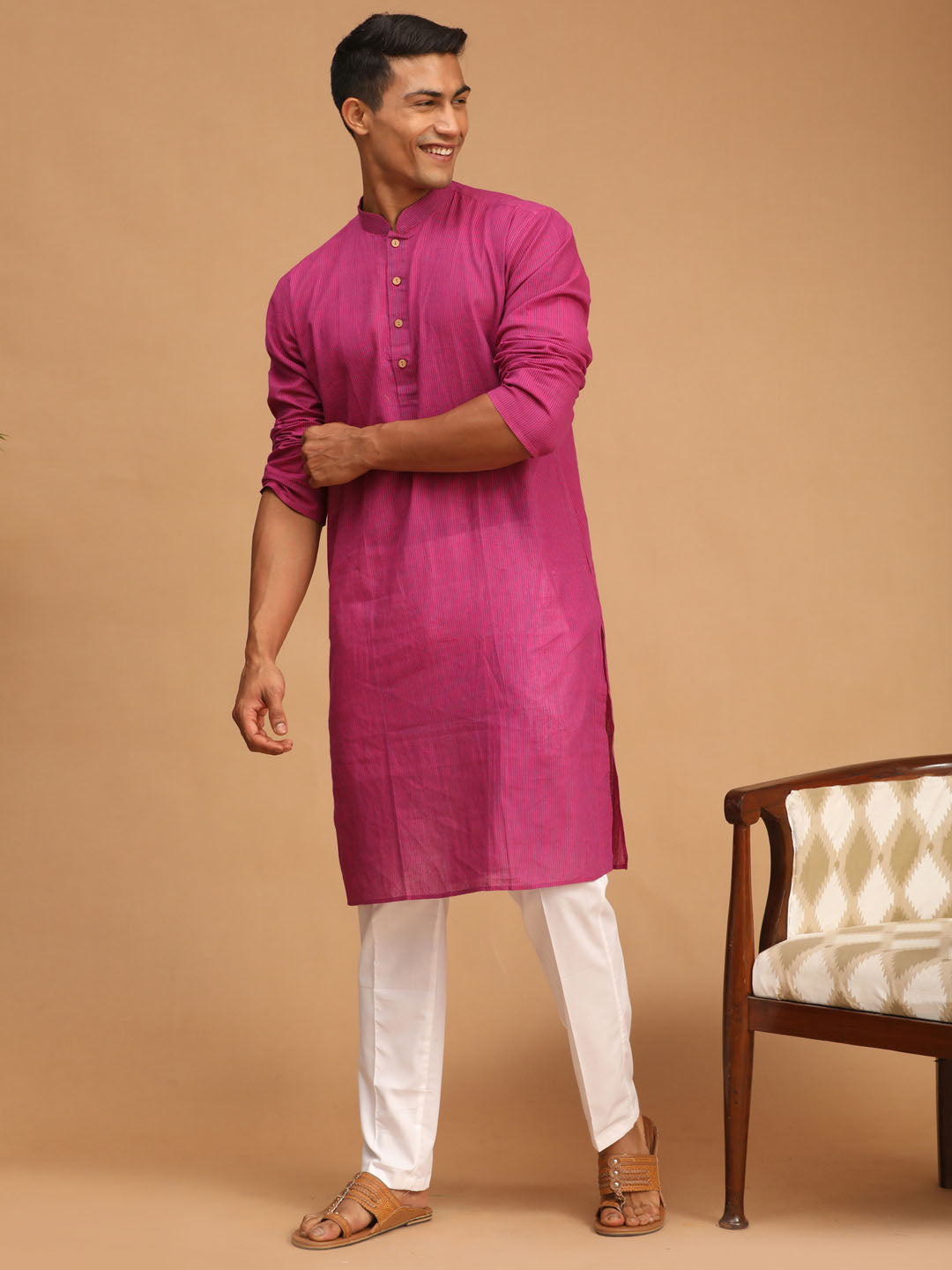 shvaas by Vastramay mens purple color cotton handloom kurta with white pant set