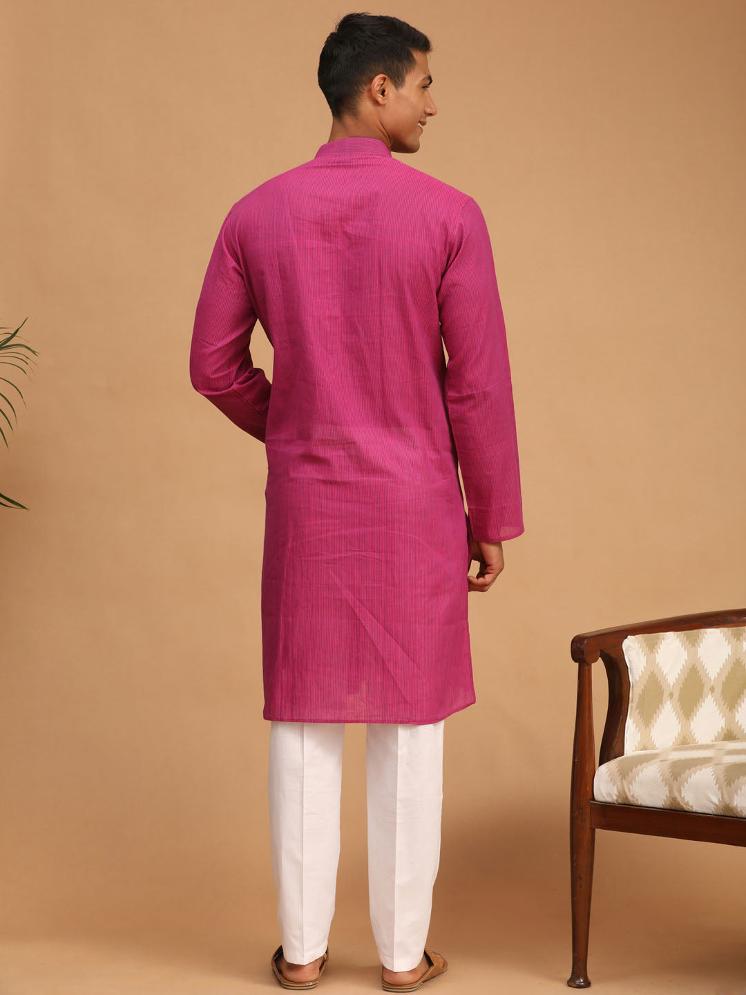 shvaas by Vastramay mens purple color cotton handloom kurta with white pant set