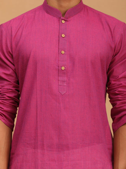 VASTRAMAY Men's Purple Cotton Handloom Kurta With White Pant Set