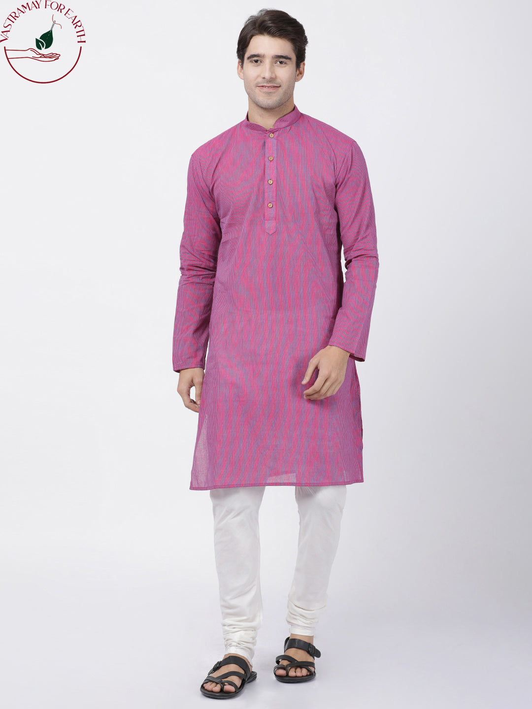 Vastramay Men's Purple Cotton Handloom Kurta With Pyjama Set