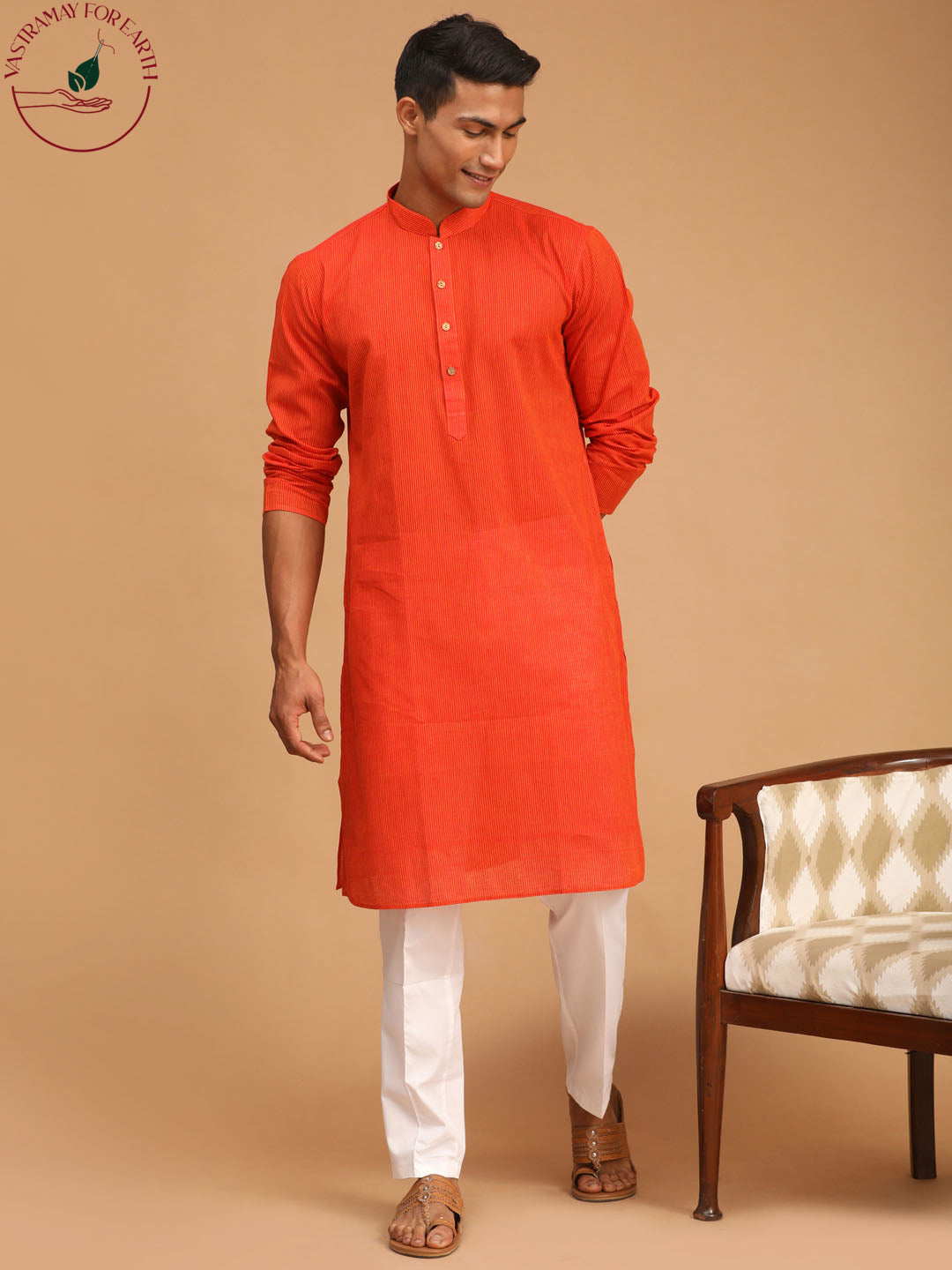 shvaas by Vastramay mens red color cotton handloom kurta with white pant set