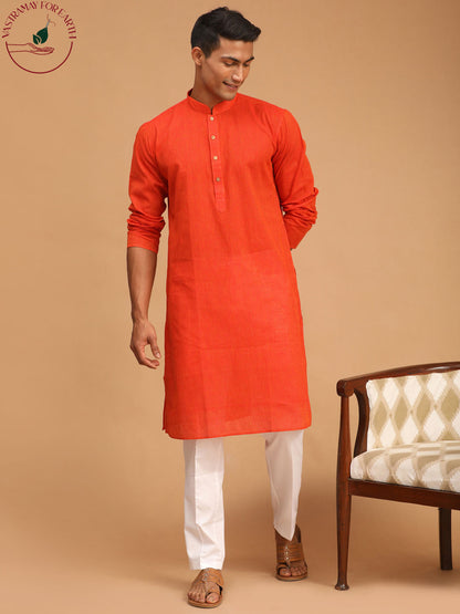 shvaas by Vastramay mens red color cotton handloom kurta with white pant set