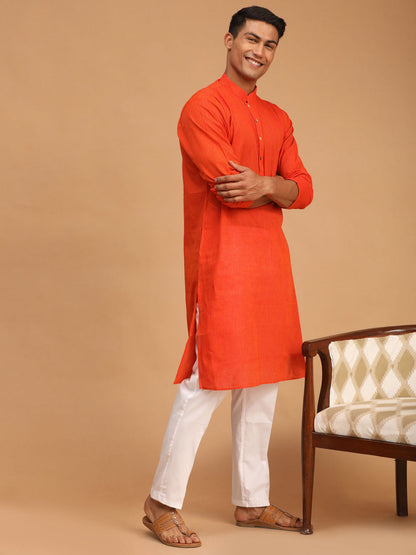 shvaas by Vastramay mens red color cotton handloom kurta with white pant set