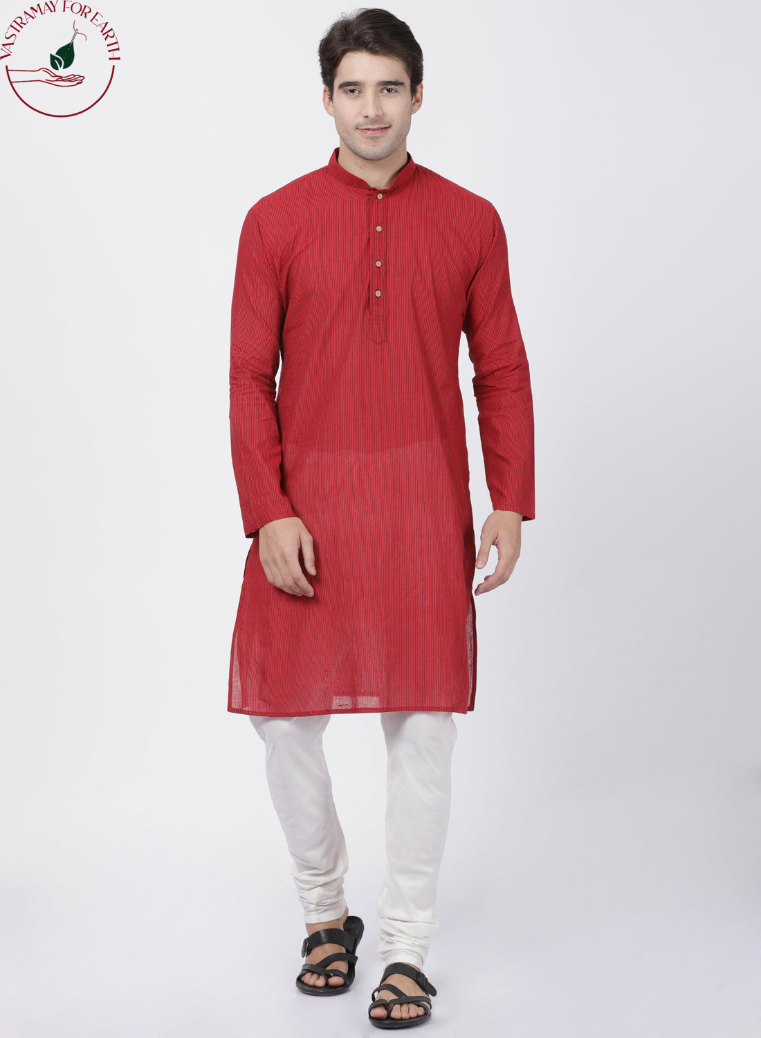 Vastramay Men's Red Cotton Handloom Kurta With Pyjama Set