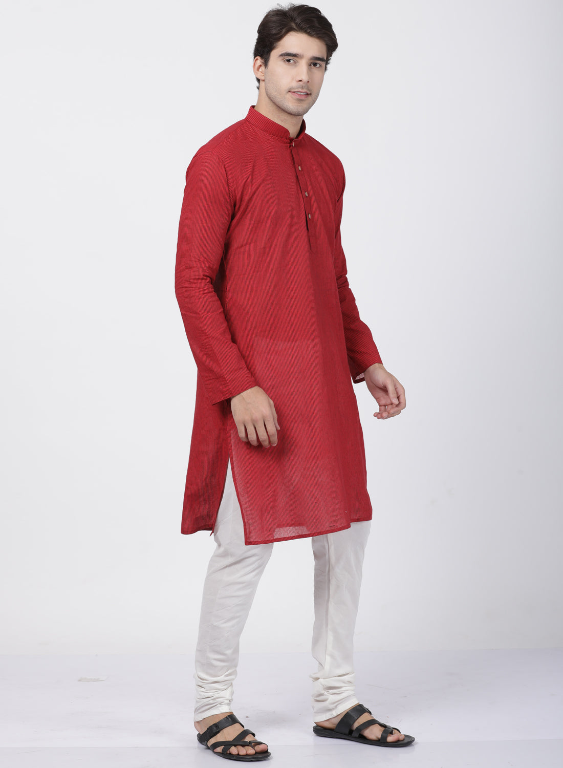 Vastramay Men's Red Cotton Handloom Kurta With Pyjama Set