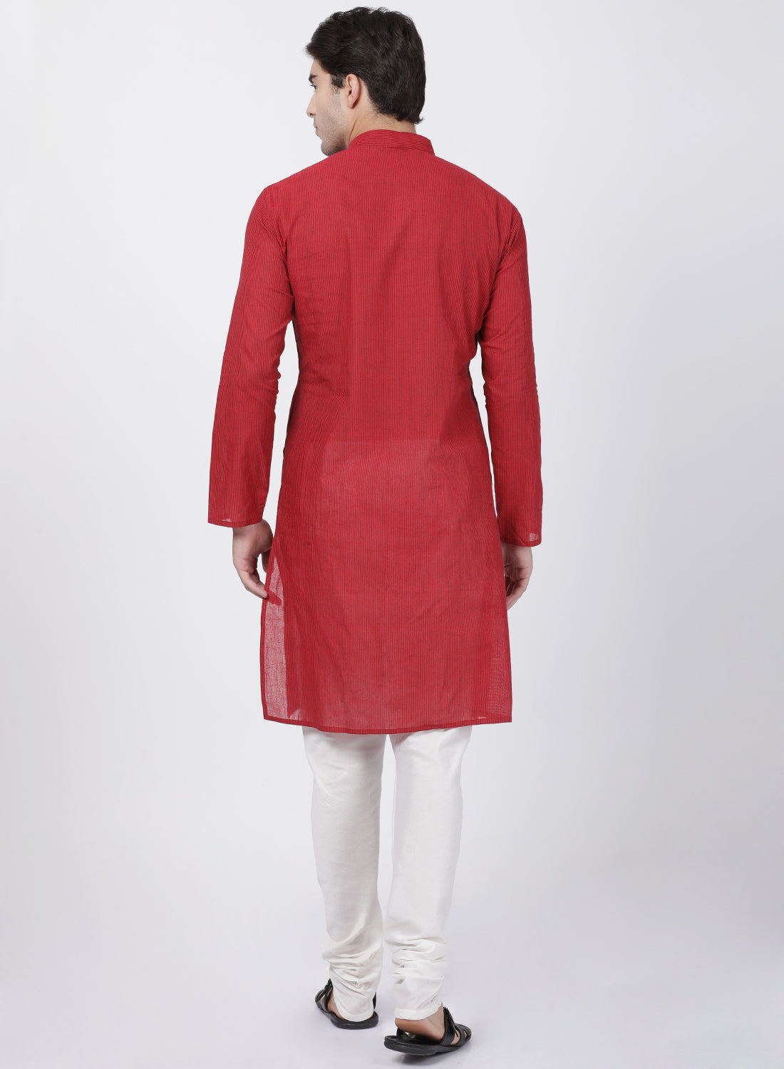 Vastramay Men's Red Cotton Handloom Kurta With Pyjama Set