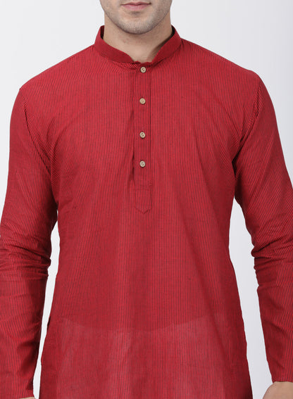 Vastramay Men's Red Cotton Handloom Kurta With Pyjama Set