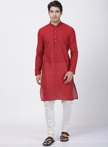 Vastramay Men's Red Cotton Handloom Kurta With Pyjama Set