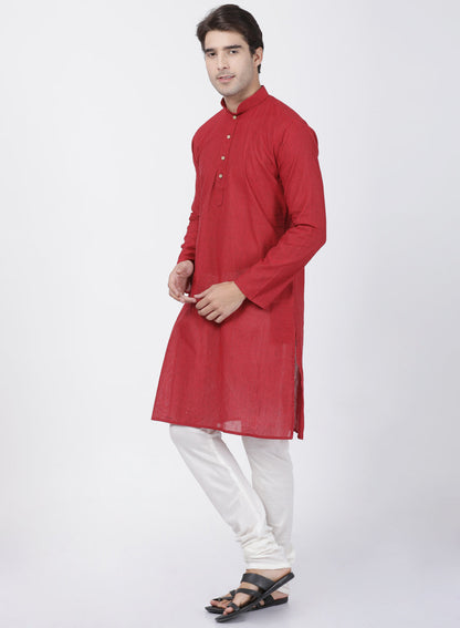 Vastramay Men's Red Cotton Handloom Kurta With Pyjama Set