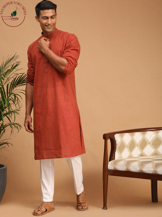 shvaas by Vastramay mens rust color cotton handloom kurta with white pant set