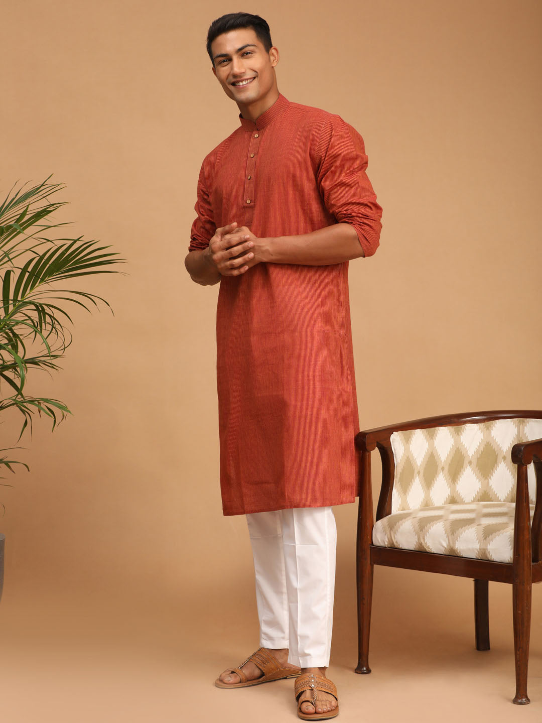 shvaas by Vastramay mens rust color cotton handloom kurta with white pant set