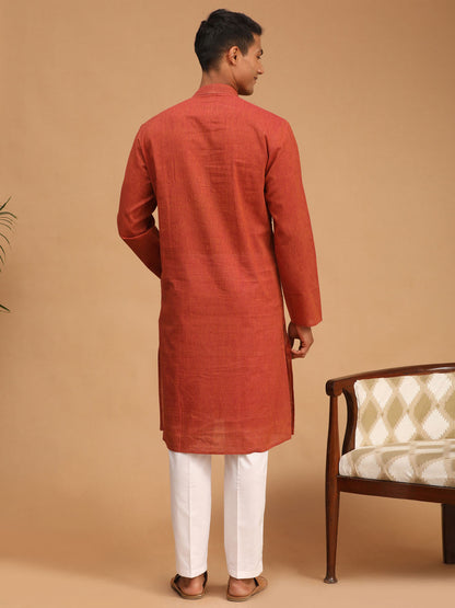 shvaas by Vastramay mens rust color cotton handloom kurta with white pant set