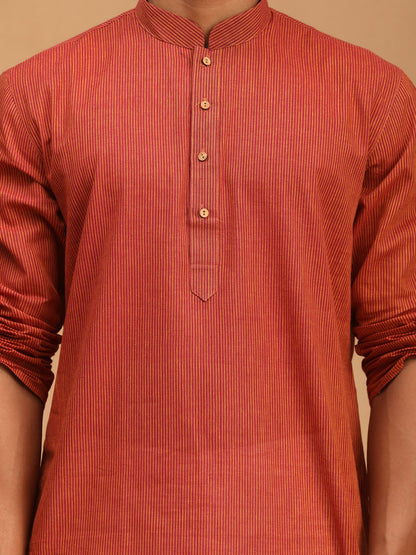 shvaas by Vastramay mens rust color cotton handloom kurta with white pant set