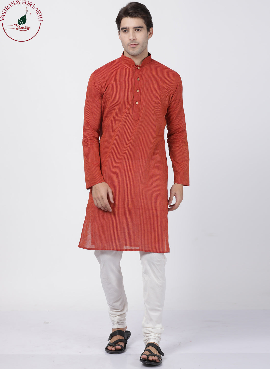 Vastramay Men's Rust Cotton Handloom Kurta With Pyjama Set