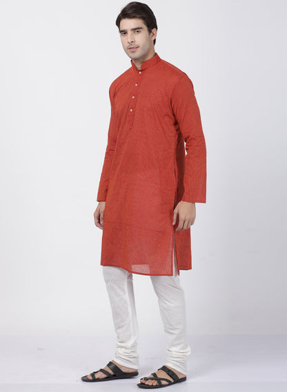 Vastramay Men's Rust Cotton Handloom Kurta With Pyjama Set