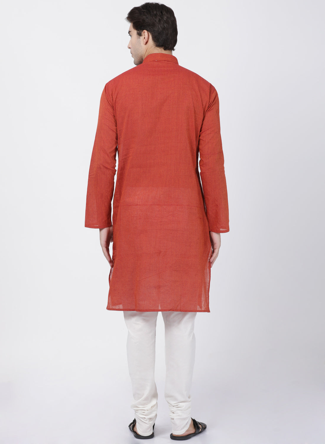 Vastramay Men's Rust Cotton Handloom Kurta With Pyjama Set