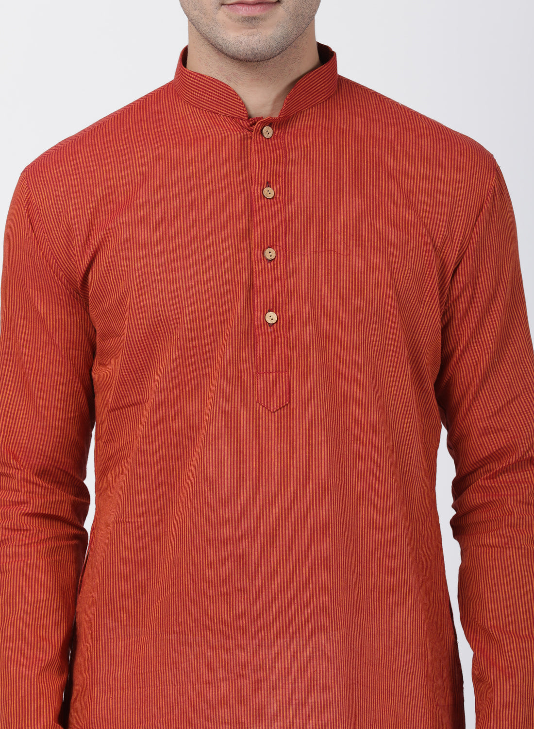 Vastramay Men's Rust Cotton Handloom Kurta With Pyjama Set