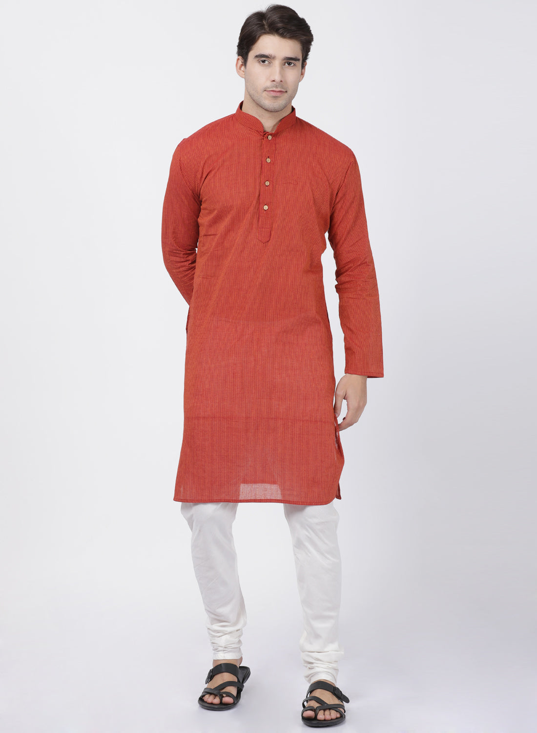 Vastramay Men's Rust Cotton Handloom Kurta With Pyjama Set