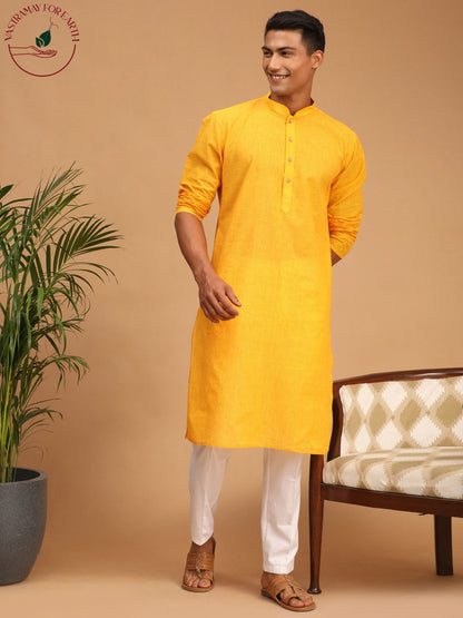 shvaas by Vastramay mens yellow color cotton handloom kurta with white pant set