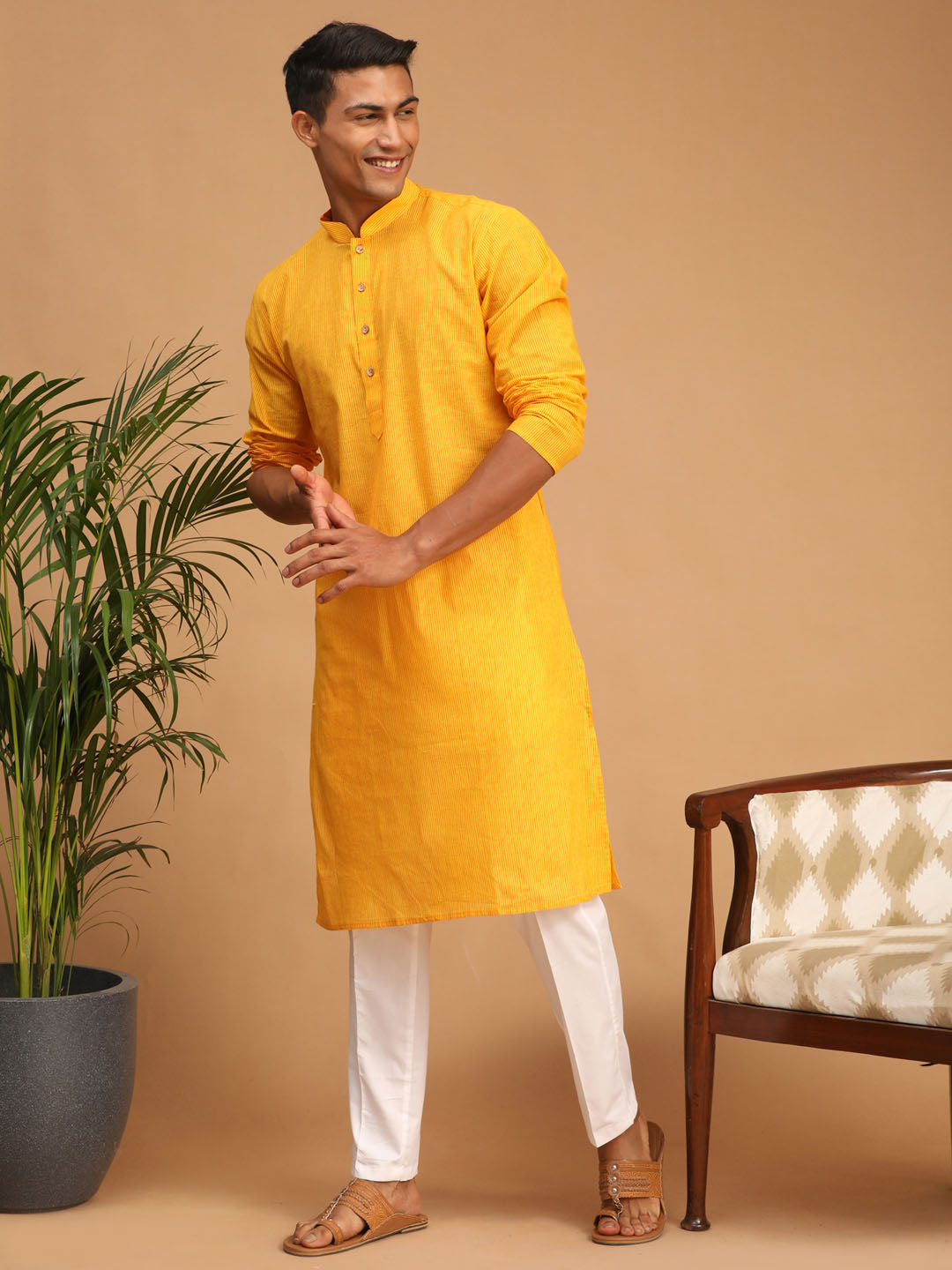 shvaas by Vastramay mens yellow color cotton handloom kurta with white pant set