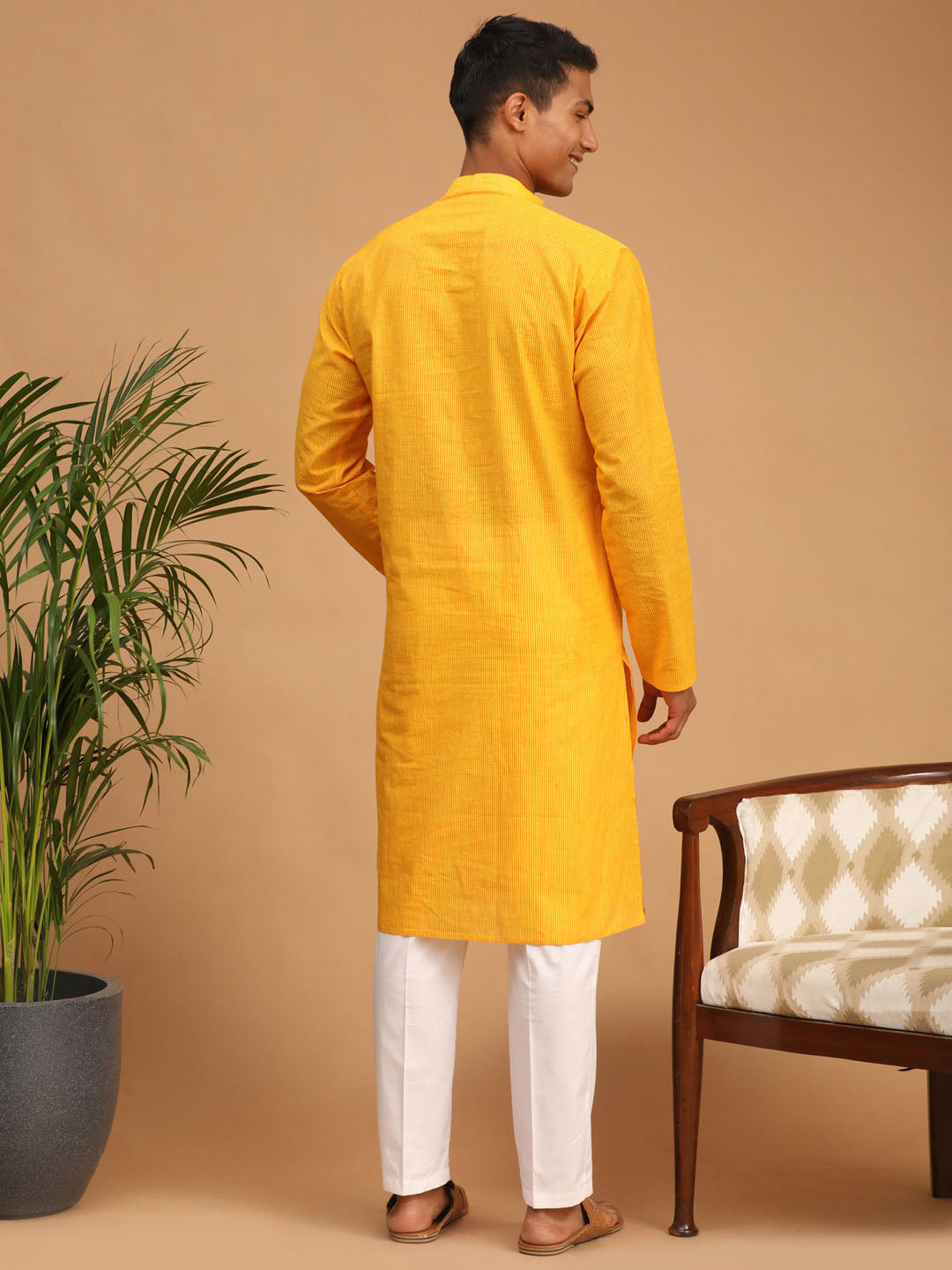 shvaas by Vastramay mens yellow color cotton handloom kurta with white pant set