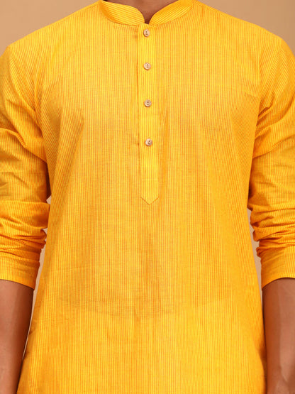 shvaas by Vastramay mens yellow color cotton handloom kurta with white pant set