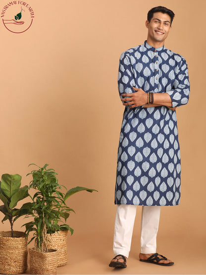 Vastramay mens blue color leaf print cotton kurta with white color pant style pyjama set