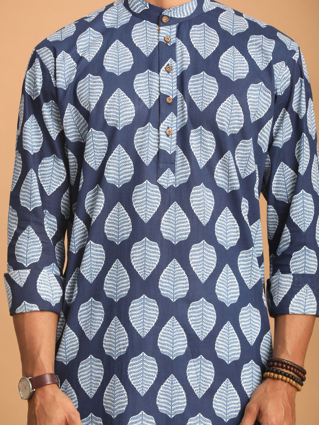 VASTRAMAY Men's Blue Leaf Print cotton Kurta With White Pant Style pyjama Set