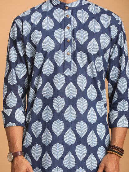 VASTRAMAY Men's Blue Leaf Print cotton Kurta With White Pant Style pyjama Set