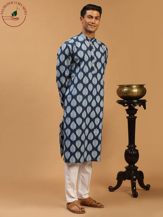 Vastramay mens blue color leaf print cotton kurta with white pant style pyjama set