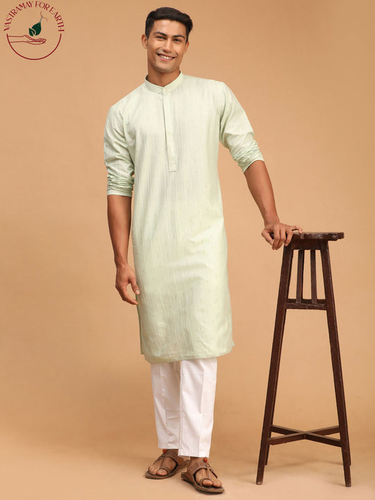 VASTRAMAY Men's Light Green Striped cotton Kurta And White Cotton Pant Style Pyjama Set