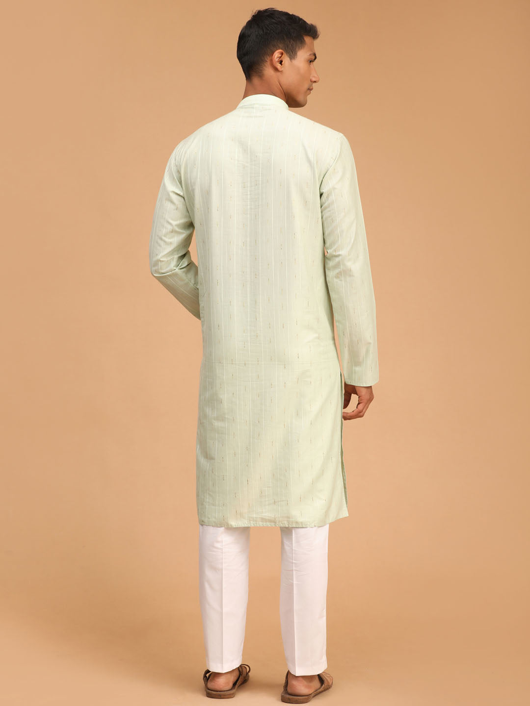 VASTRAMAY Men's Light Green Striped cotton Kurta And White Cotton Pant set