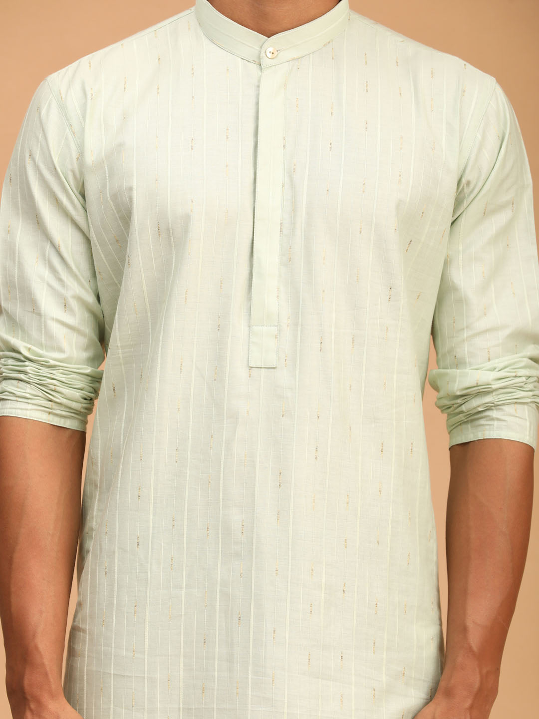 VASTRAMAY Men's Light Green Striped cotton Kurta And White Cotton Pant set