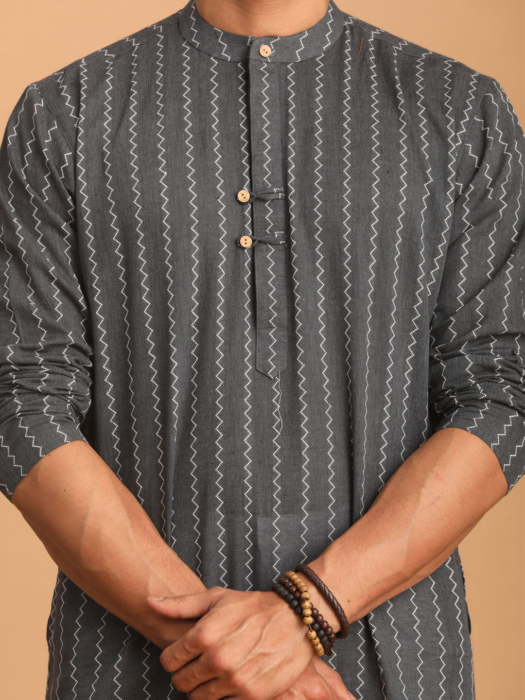 vastramay mens grey jacquard zig zag cotton kurta