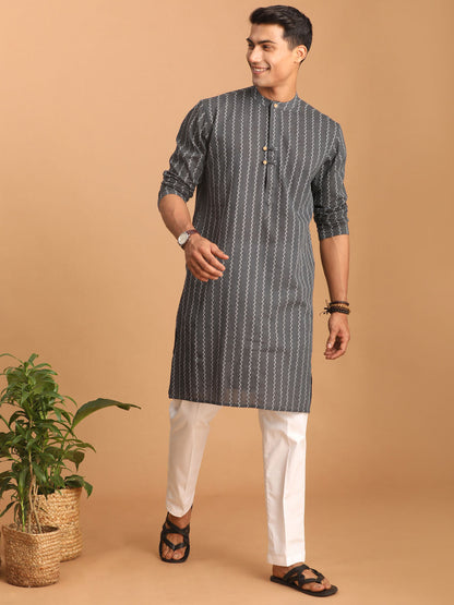 Vastramay mens grey jacquard zig zag pattern cotton kurta with pajama set