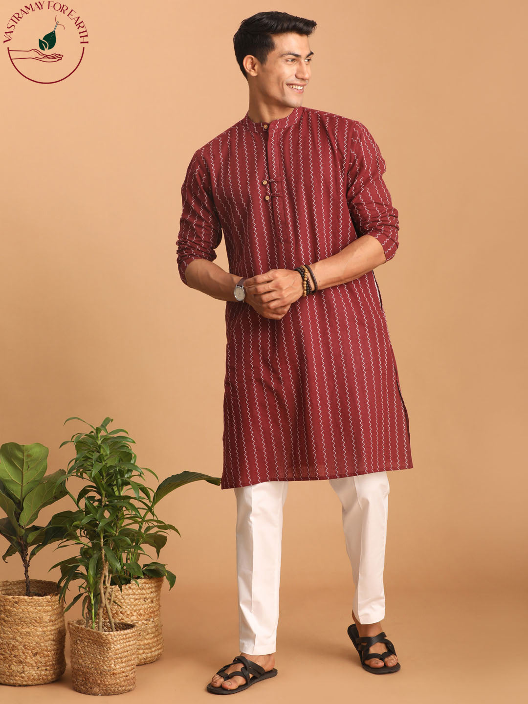 vastramay mens maroon jacquard zig zag pattern cotton kurta with pant style pajama set