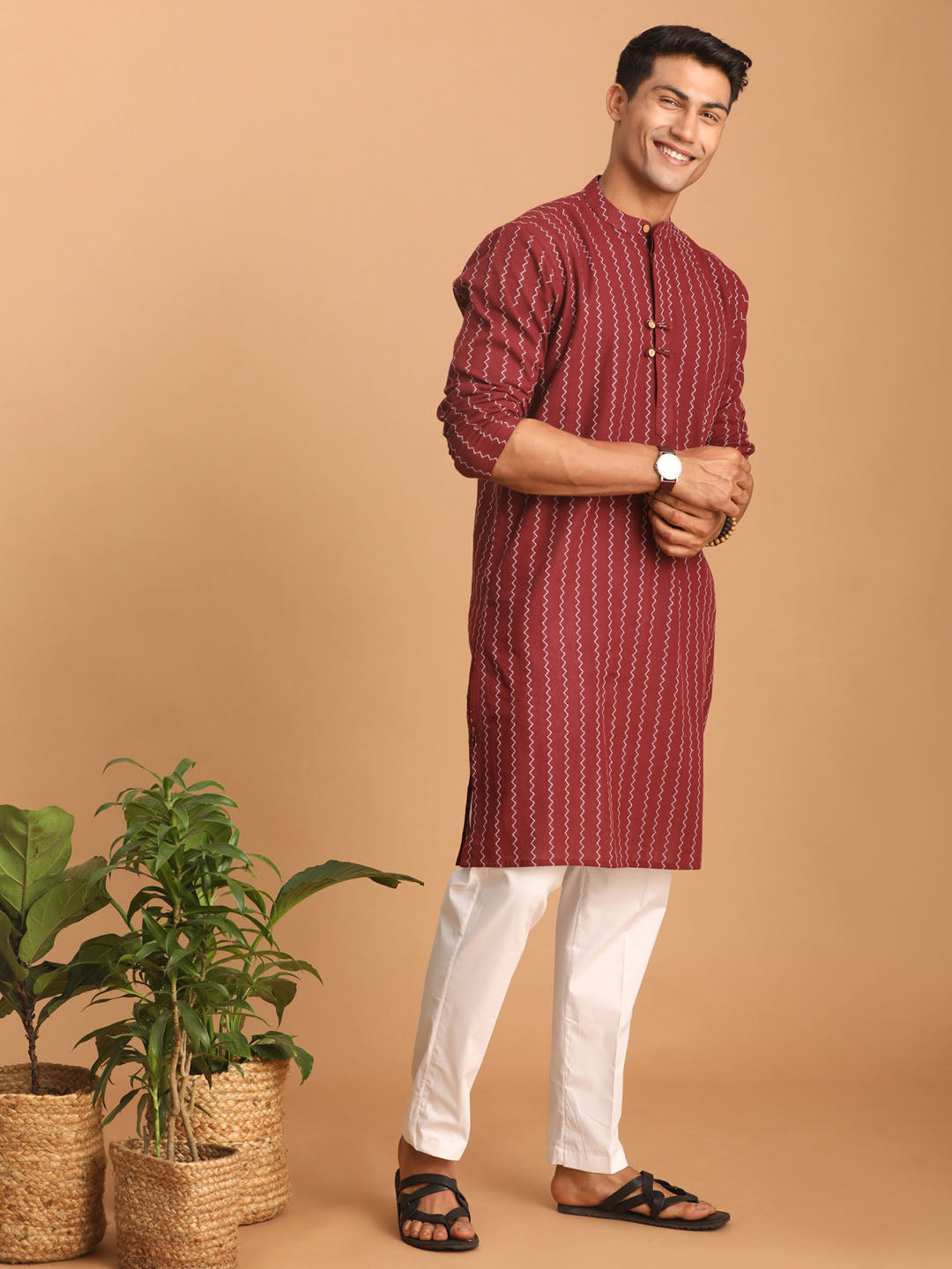 vastramay mens maroon jacquard zig zag pattern cotton kurta with pant style pajama set