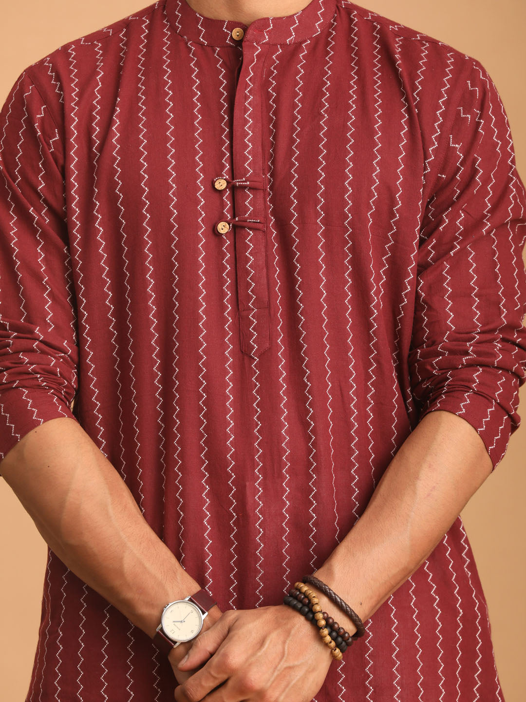 vastramay mens maroon jacquard zig zag pattern cotton kurta with pant style pajama set