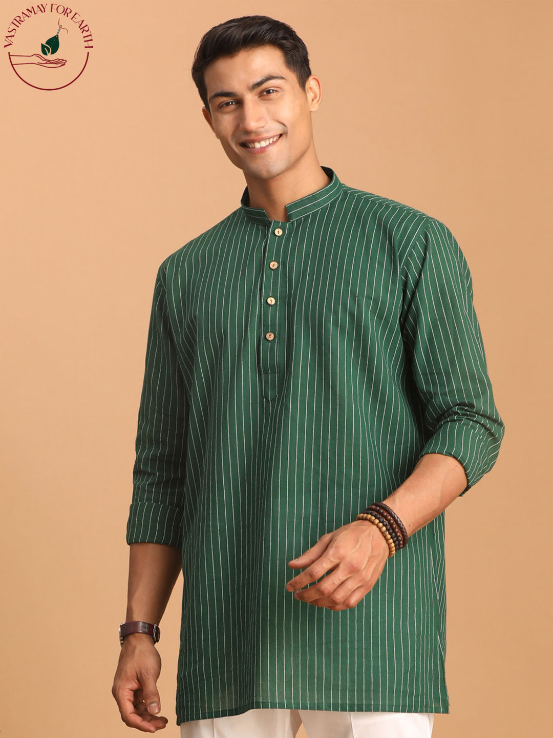 vastramay mens green striped cotton short kurta